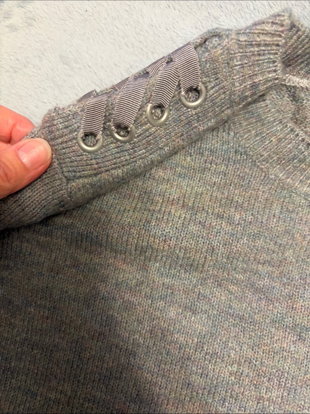 Women’s Gray Crewneck Sweater with Shoulder Eyelet Detail - Picture 3 of 8
